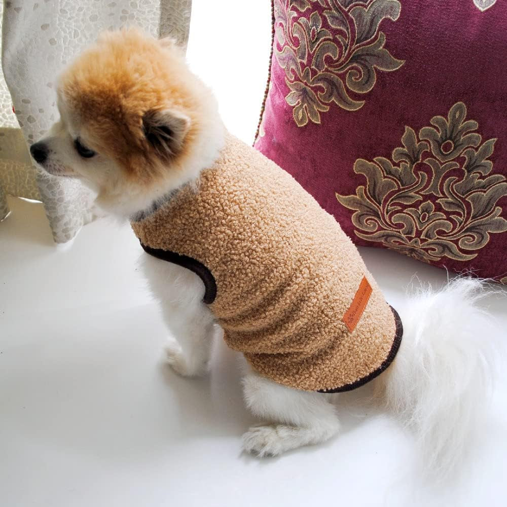 Small Dog Sweater Vest, Winter Cold Weather Warm Pullover Fleece Dog Jacket Sleeveless Puppy Clothes Fleece Coat for Chihuahua Poodle Teddy… (Large, Khaki)