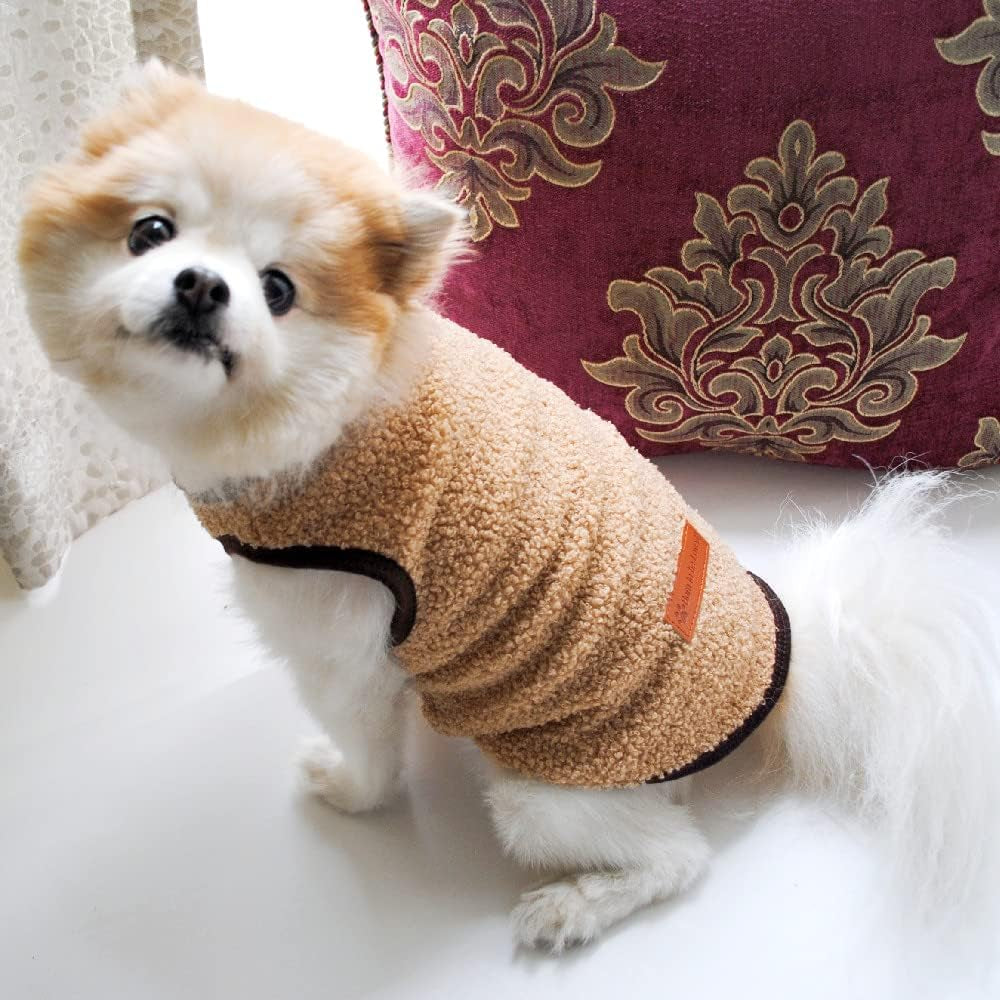 Small Dog Sweater Vest, Winter Cold Weather Warm Pullover Fleece Dog Jacket Sleeveless Puppy Clothes Fleece Coat for Chihuahua Poodle Teddy… (Large, Khaki)